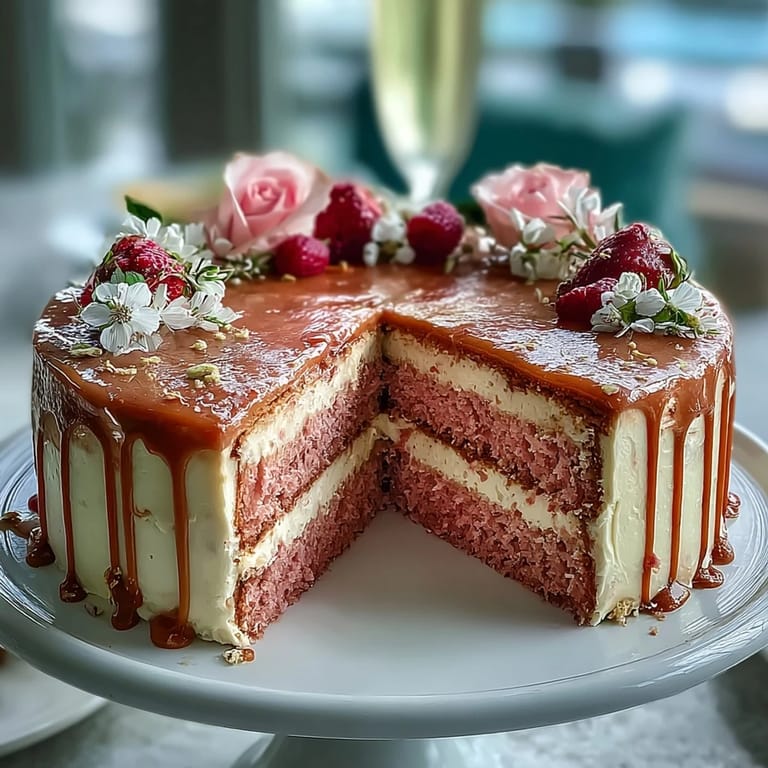 Decadent Bridal Shower Rosé Velvet Cake with a glistening gold shimmer, ready to serve.