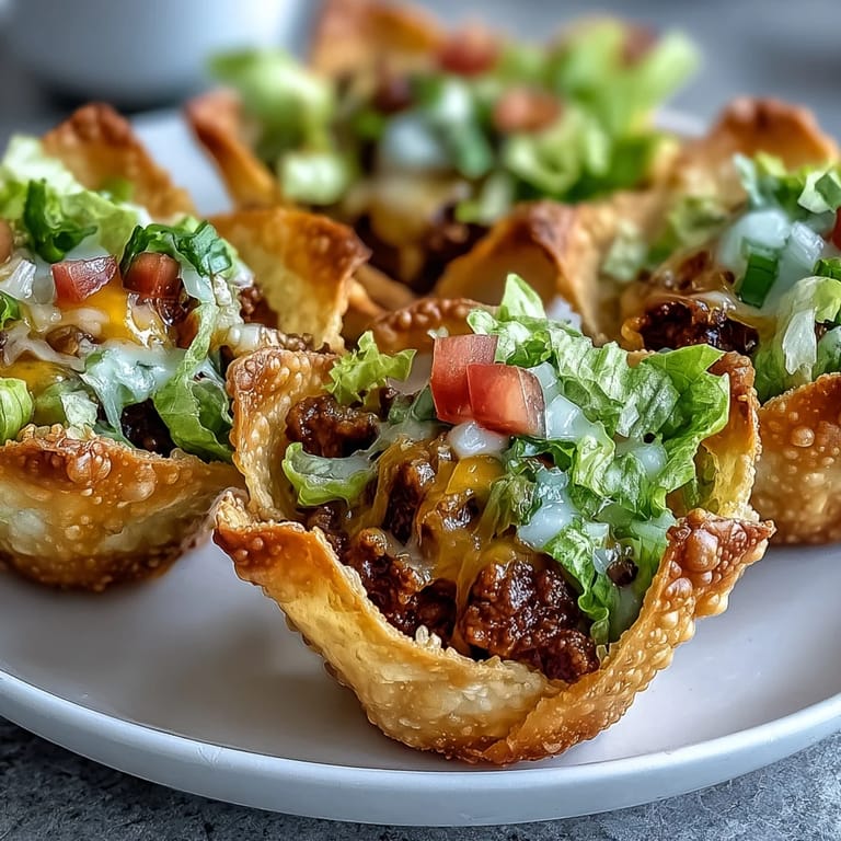 Golden-brown wonton mini taco cups filled with seasoned beef and gooey melted cheese.