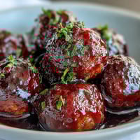 Tender meatballs coated in a sweet grape jelly and chili sauce glaze served as a party appetizer with toothpicks.