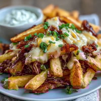 Golden-brown, crispy Cheesy BBQ Fries with Ranch Dip are piled high on a platter, smothered in melted cheddar and topped with fresh green onions.