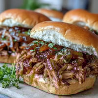 Juicy, tender Applesauce Pulled Pork Sandwiches piled high on a soft bun, garnished with coleslaw and fresh parsley.