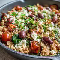 Topped with crumbled feta and fresh parsley, the Mediterranean Keto Ground Chicken Skillet with Olives and Feta is ready to serve.
