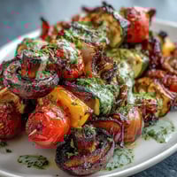 Vibrant summer grilled veggie skewers with chimichurri, featuring colorful bell peppers, zucchini, and mushrooms charred to smoky perfection.