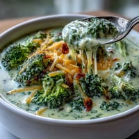 Creamy broccoli cheddar soup with tender broccoli florets and sharp cheddar cheese in a rich, velvety broth.
