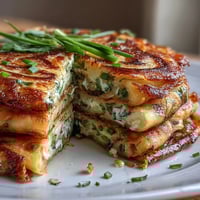 Crispy spring onion pancakes with golden flaky layers, packed with fresh scallions and served warm.  
