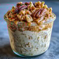 Creamy overnight oats with grated carrot, cinnamon, and walnuts, topped with shredded coconut and a drizzle of maple syrup.