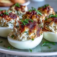 Elegant crab cake deviled eggs with creamy filling, topped with zesty Old Bay seasoning and fresh chives.