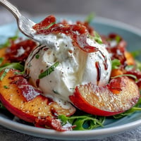 Creamy burrata and juicy peaches paired with salty prosciutto on a bed of fresh arugula, drizzled with balsamic glaze.  