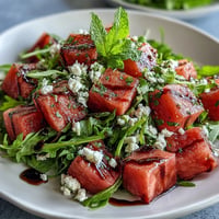 Vibrant Watermelon Feta Arugula Salad with balsamic reduction, glistening beautifully.