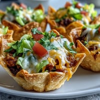 Crispy mini taco cups in wonton wrappers topped with melted cheese, a savory appetizer.